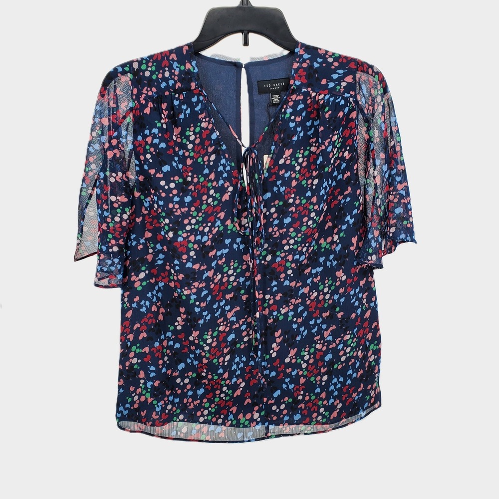 Ted Baker Size 0 US 2‎ Neliann Navy Abstract Print Split Sleeve Tie Neck Blouse